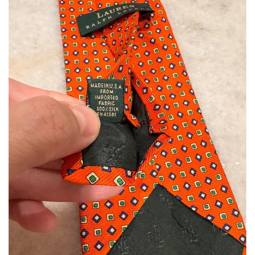Lauren Ralph Lauren Mens Orange Geometric Silk Tie Hand Finished Made in USA